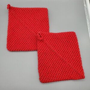 Handmade Crochet Red Cotton/Polyester Potholders Double Layered